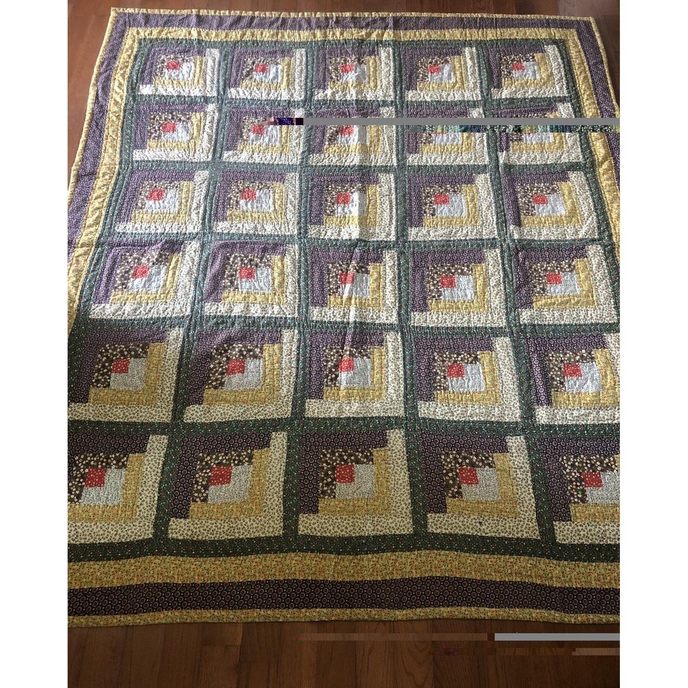 Vintage Log Cabin Quilt Handmade Handquilted Yellow Brown Floral Back 70x83 USA